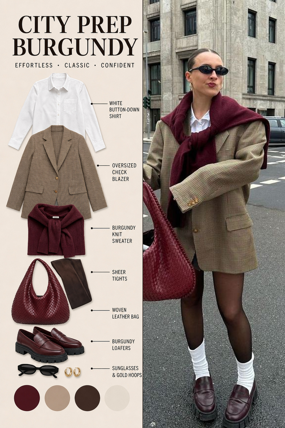 Burgundy Outfit Infographic 05 Two-panel infographic for a city-prep burgundy outfit with checked blazer, white shirt, knit sweater, woven bag, and loafers. | Sky Rye Design Two-panel infographic for a city-prep burgundy outfit with checked blazer, white shirt, knit sweater, woven bag, and loafers.