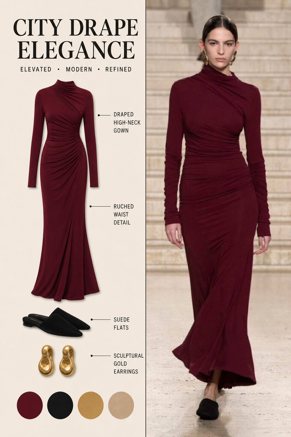 Burgundy Outfit Infographic 06 Two-panel infographic for a runway burgundy draped gown outfit with black suede flats and sculptural gold earrings. | Sky Rye Design Two-panel infographic for a runway burgundy draped gown outfit with black suede flats and sculptural gold earrings.