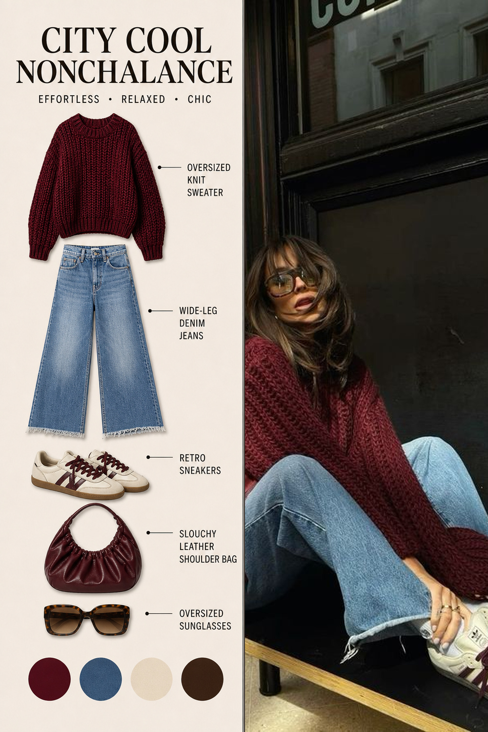 Burgundy Outfit Infographic 07 Two-panel infographic for a casual burgundy sweater outfit with blue jeans, white sneakers, burgundy bag, and sunglasses. | Sky Rye Design Two-panel infographic for a casual burgundy sweater outfit with blue jeans, white sneakers, burgundy bag, and sunglasses.