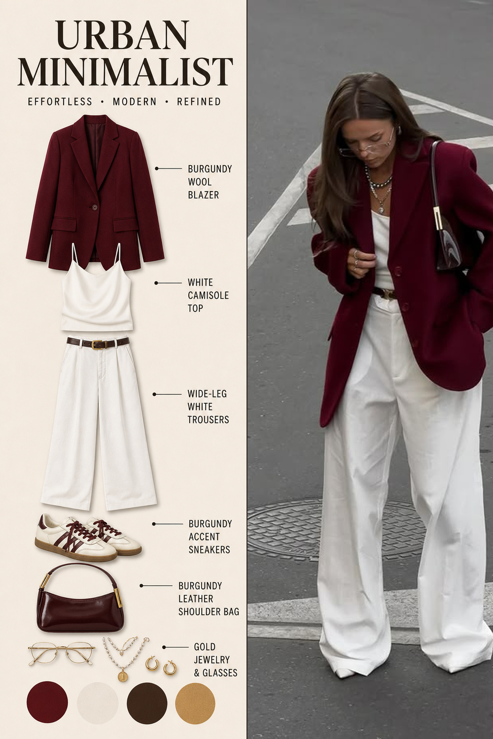 Burgundy Outfit Infographic 08 Fashion collage showing a burgundy blazer, white camisole top, white wide-leg trousers, burgundy-accent sneakers, burgundy shoulder bag, and gold jewelry for an urban minimalist look. | Sky Rye Design Two-panel infographic for a burgundy blazer outfit with white trousers, white top, shoulder bag, and layered jewelry.