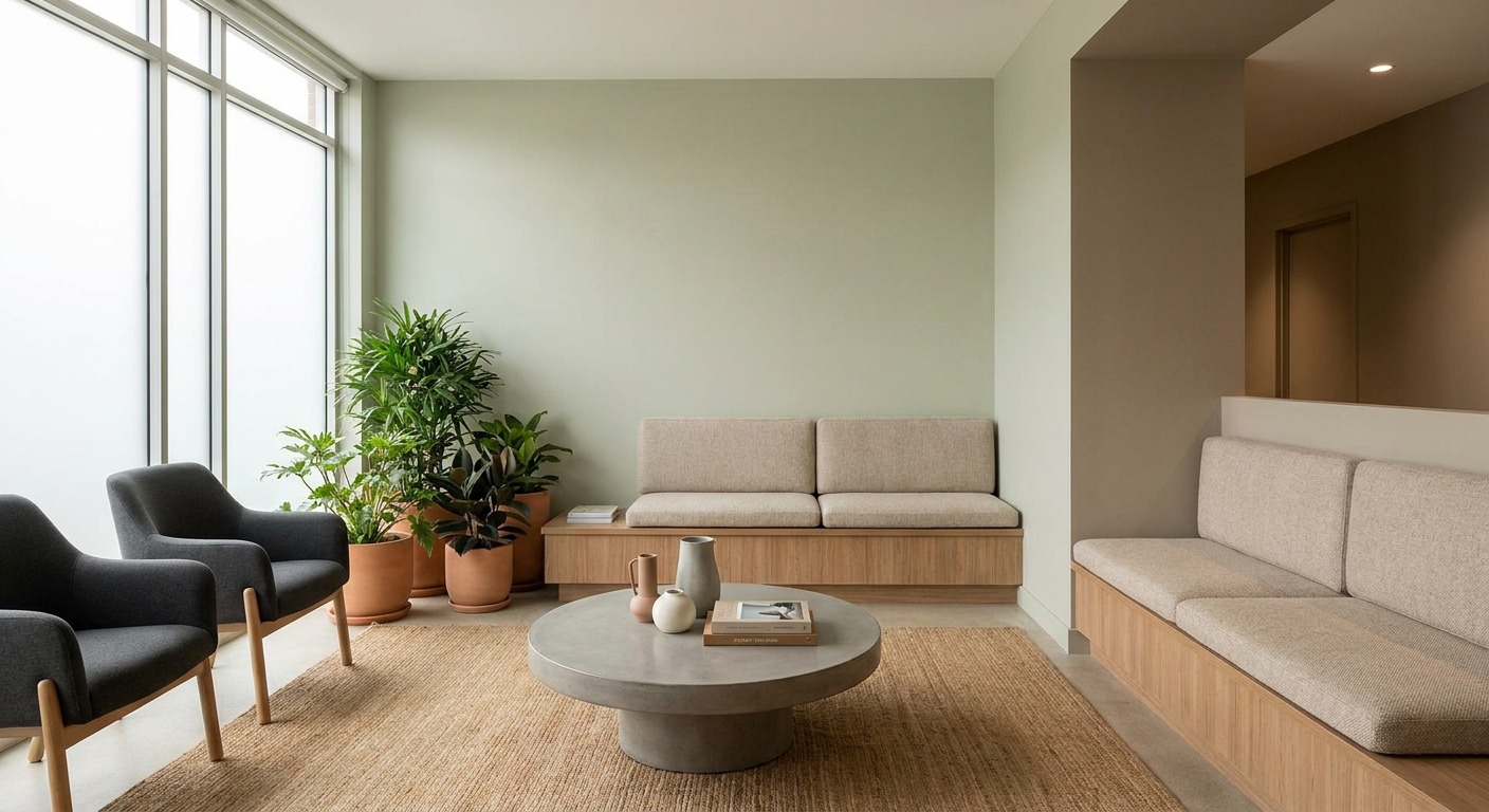 Calming Healthcare Interior Color Palette Healthcare-adjacent waiting area painted in a calming low-arousal palette with soft natural light | Sky Rye Design Healthcare-adjacent waiting area painted in a calming low-arousal palette with soft natural light