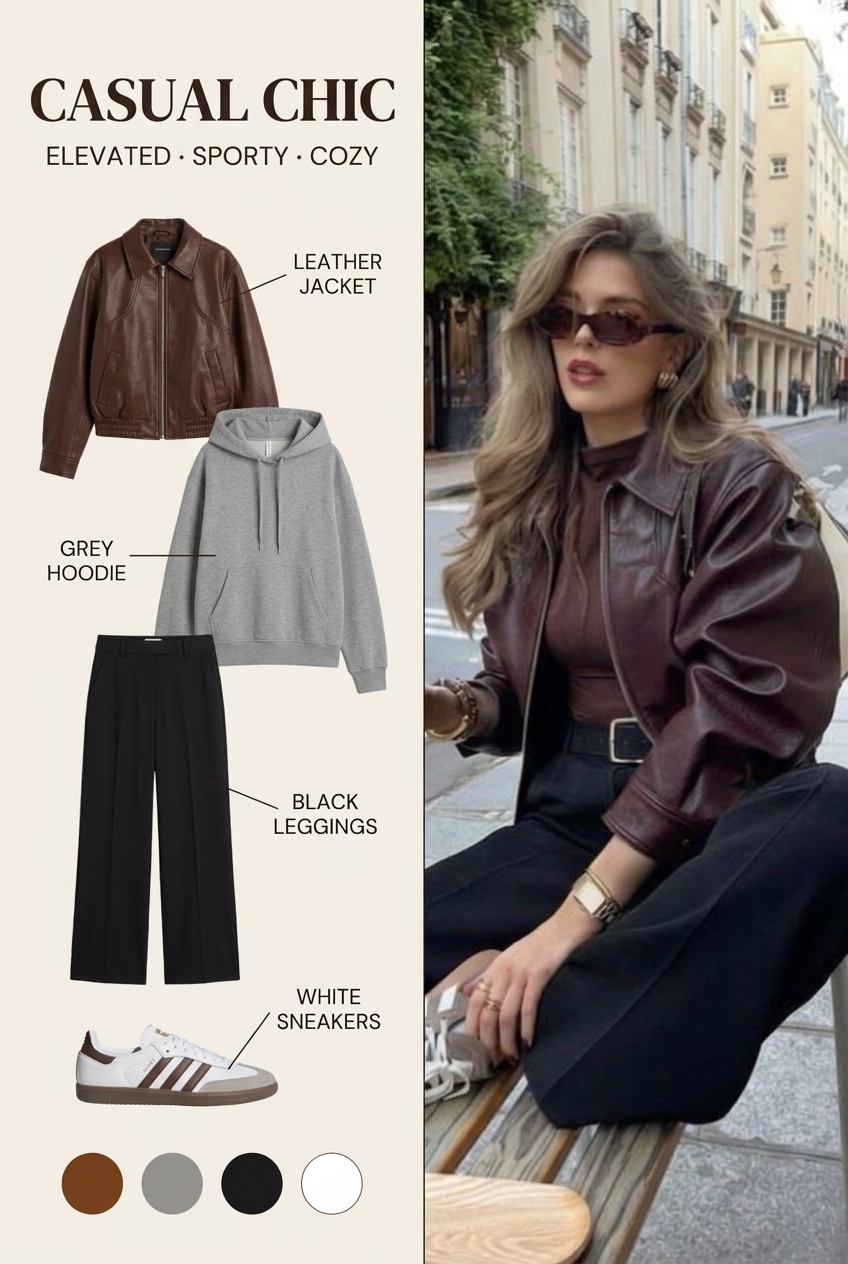 Capsule Wardrobe Outfit Infographic 03 A casual fashion infographic showing a capsule wardrobe outfit with a brown leather jacket, grey hoodie, black trousers, and white sneakers. | Sky Rye Design A casual fashion infographic showing a capsule wardrobe outfit with a brown leather jacket, grey hoodie, black trousers, and white sneakers.
