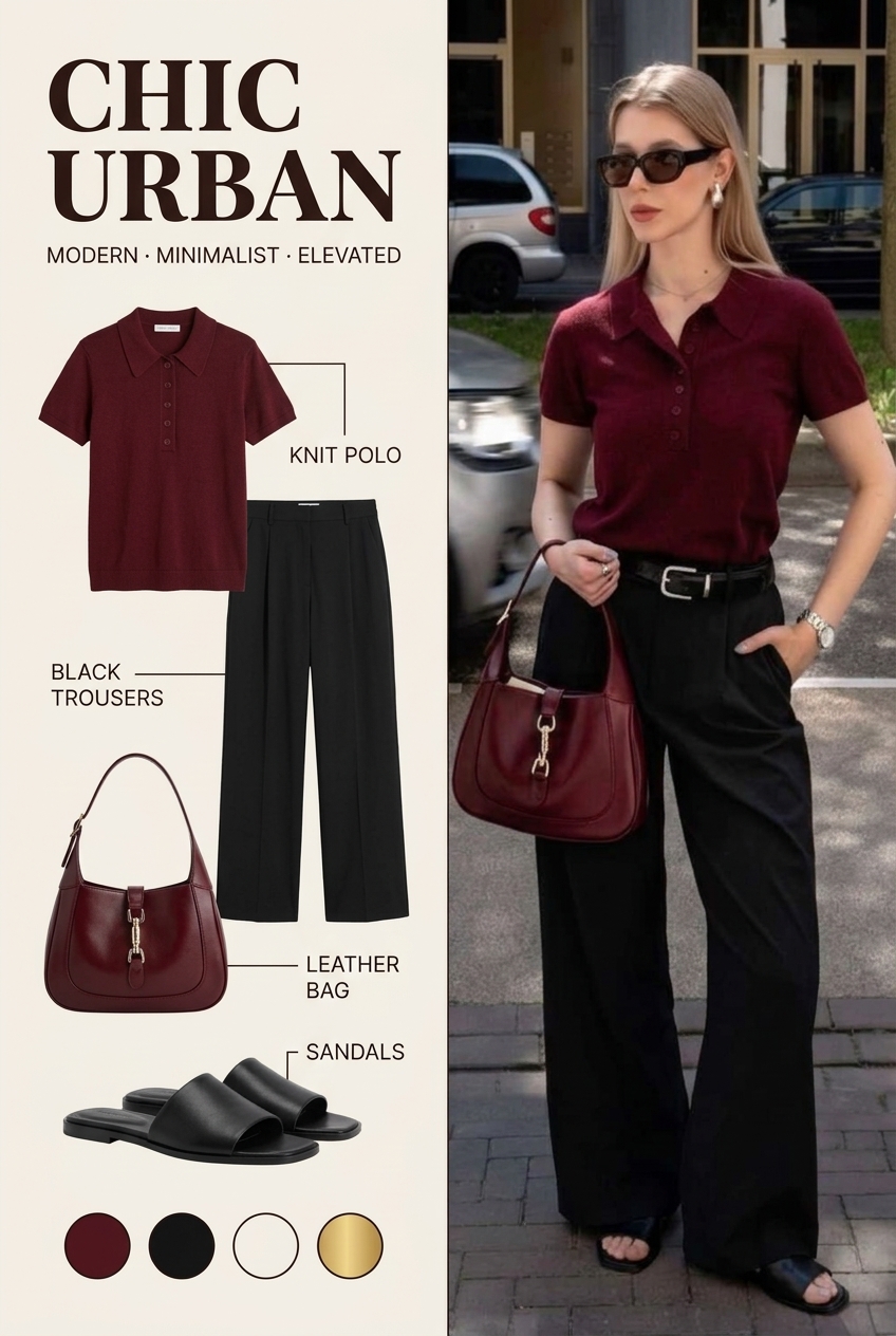 Capsule Wardrobe Outfit Infographic 04 A chic urban fashion infographic showing a capsule wardrobe outfit: maroon knit polo, black trousers, maroon bag, and black sandals. | Sky Rye Design A chic urban fashion infographic showing a capsule wardrobe outfit: maroon knit polo, black trousers, maroon bag, and black sandals.