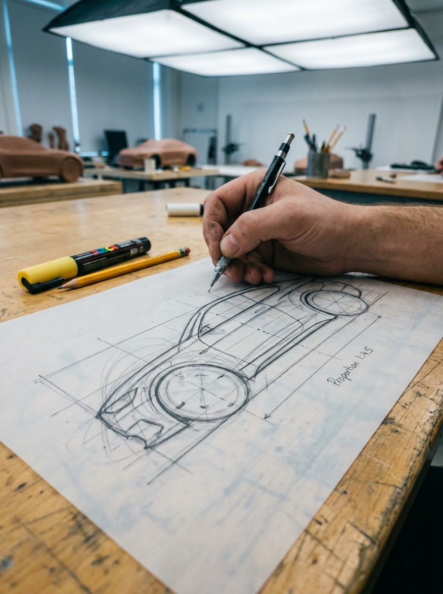 Industrial designer sketching a car side-profile proportion grid on translucent marker paper.