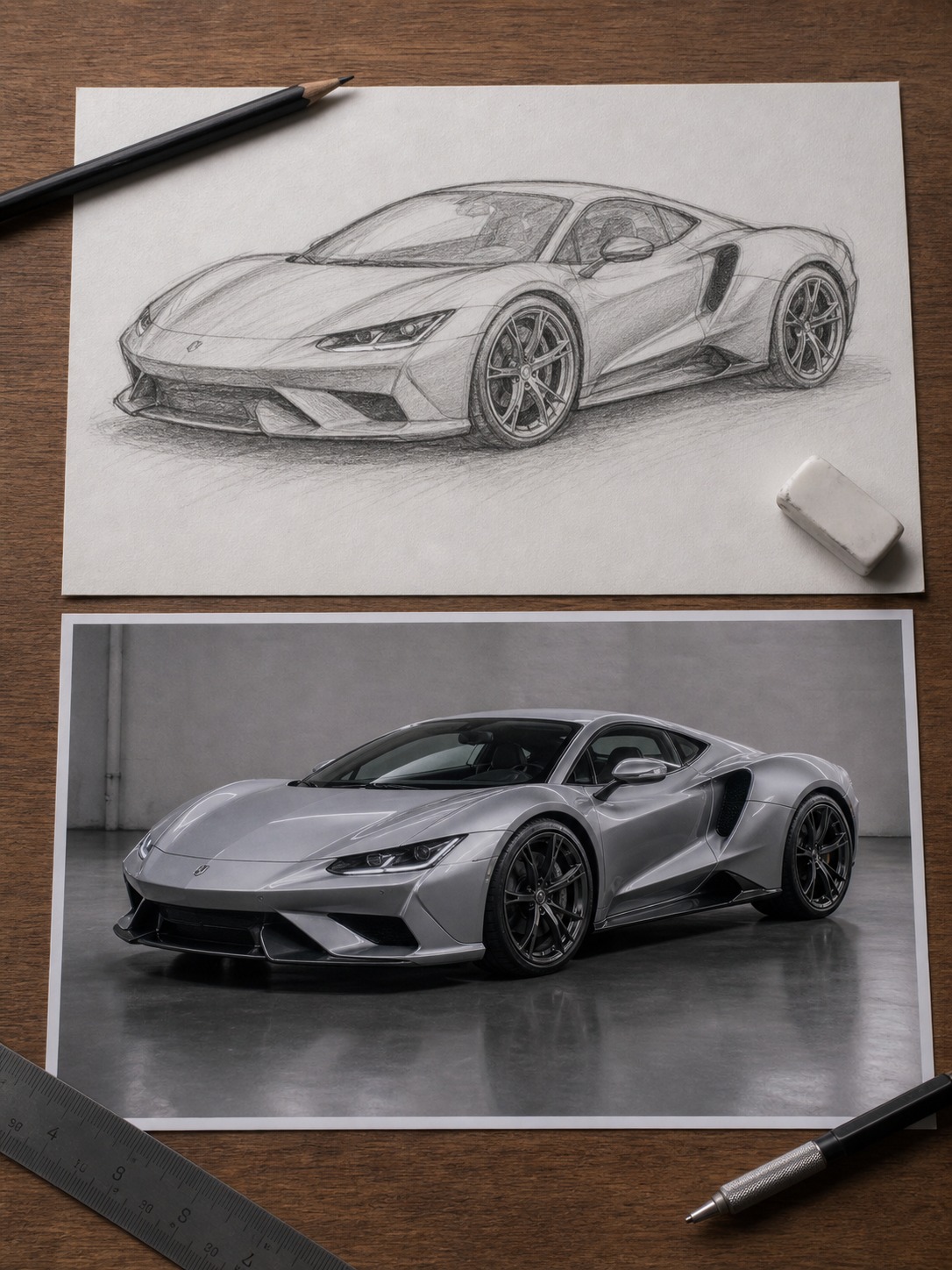 A hand-drawn car sketch placed beside an AI-converted photo reference for proportion checking.