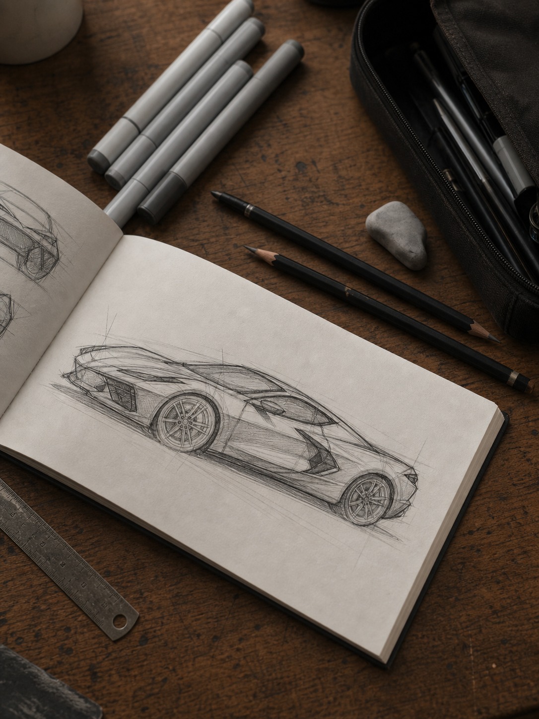 Car sketching tools for Corvette drawing Sketching toolkit with mechanical pencil, 2B and 4B graphite pencils, gray markers, and a sketchbook open to a car drawing. | Sky Rye Design Sketching toolkit with mechanical pencil, 2B and 4B graphite pencils, gray markers, and a sketchbook open to a car drawing.