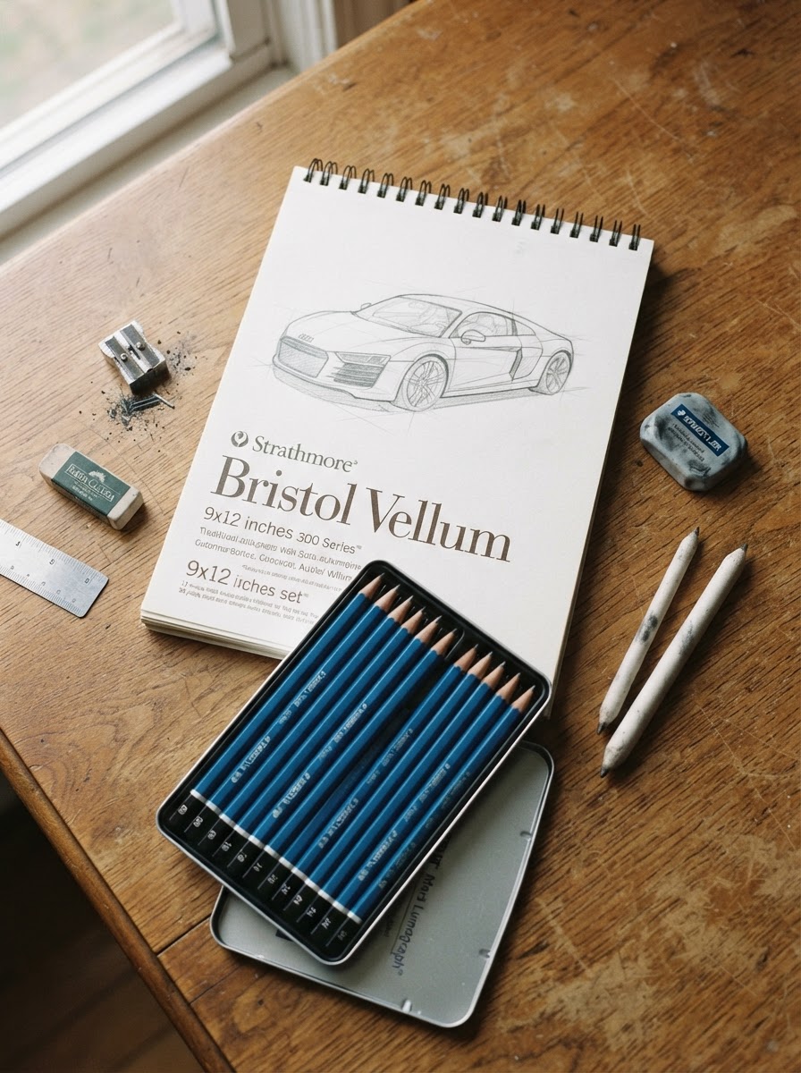 Traditional Drawing Materials for Car Sketching An overhead flat-lay of car drawing materials including a Staedtler Mars Lumograph pencil set, a bristol pad, and a kneaded eraser. | Sky Rye Design An overhead flat-lay of car drawing materials including a Staedtler Mars Lumograph pencil set, a bristol pad, and a kneaded eraser.