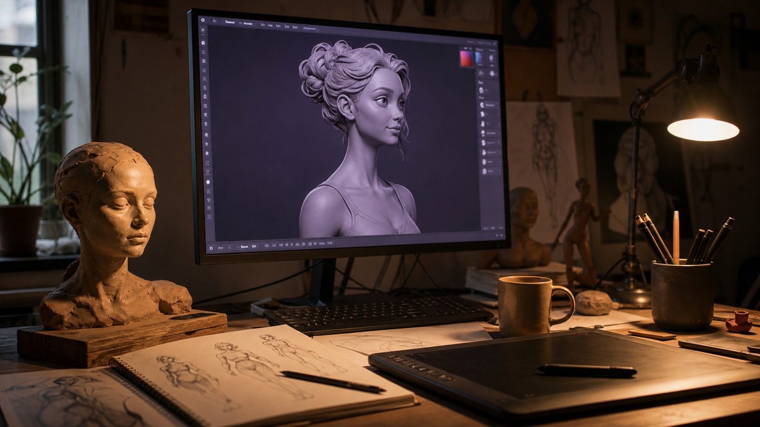 Character 3D modeling sculpt process Character 3D modeling sculpt on a monitor with a stylized head model and clay reference maquette beside it. | Sky Rye Design Character 3D modeling sculpt on a monitor with a stylized head model and clay reference maquette beside it.