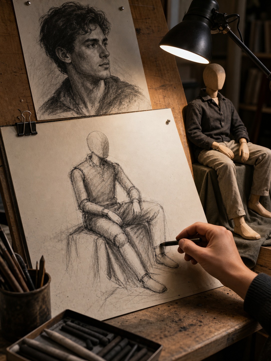 A charcoal-style portrait sketch pinned above a hand-drawn figure study.