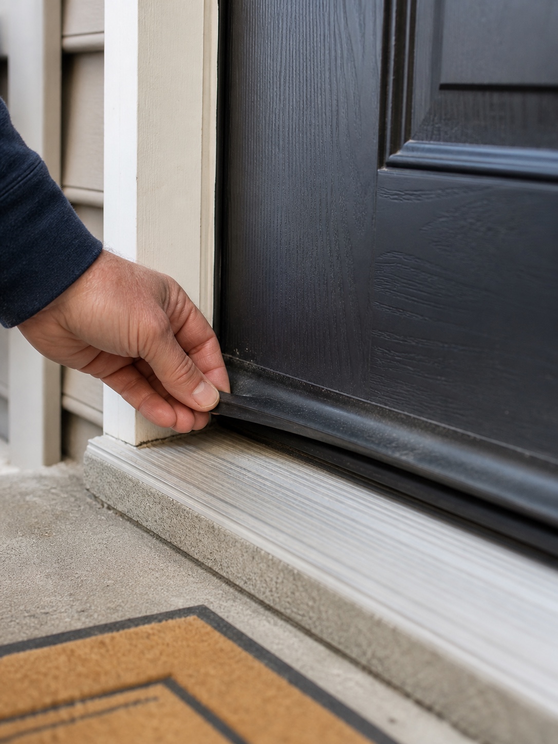 Homeowner checking an exterior door sweep gasket for wear in natural daylight.