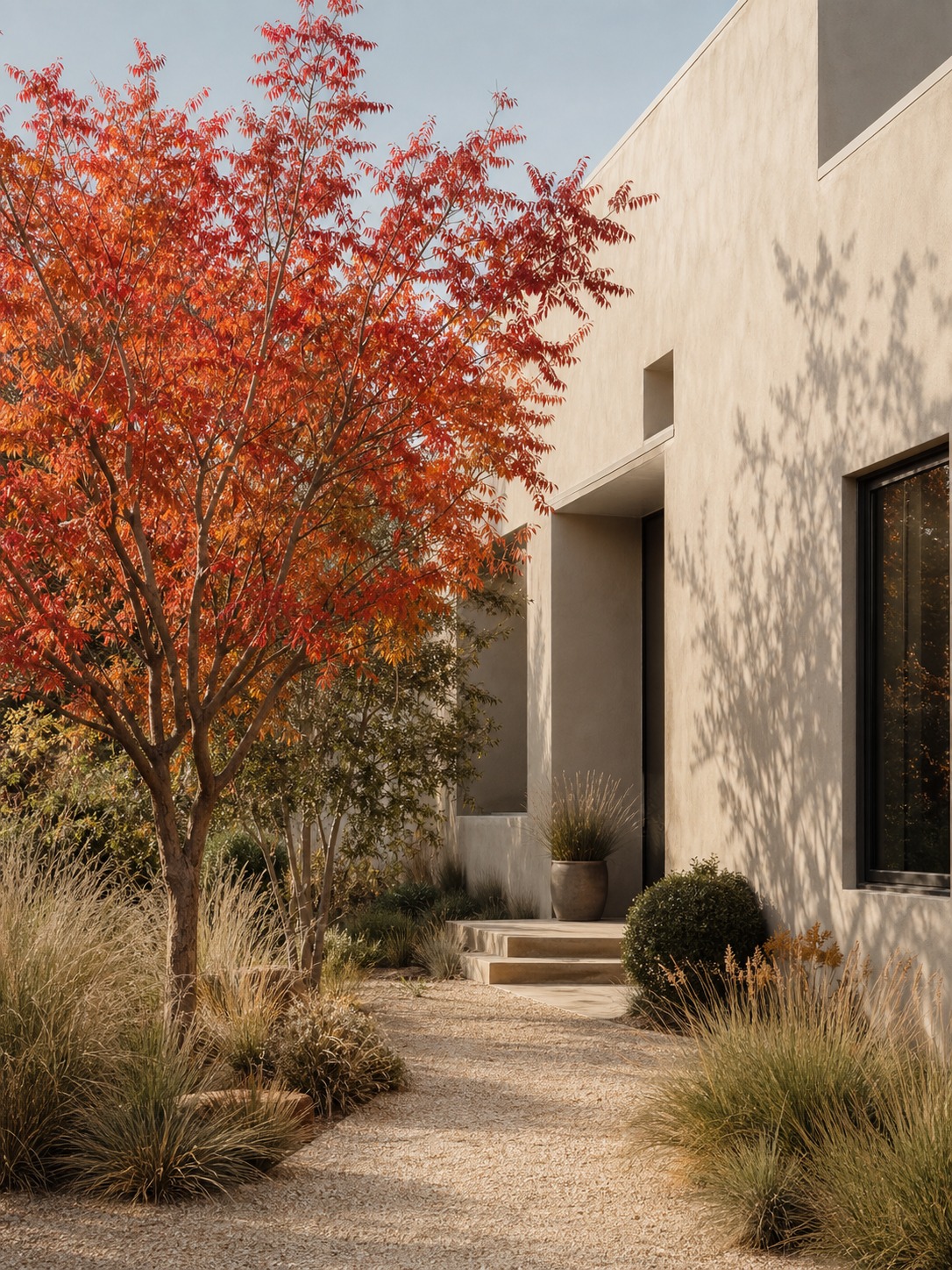 Chinese pistache in fall color beside a greige stucco facade, buff gravel path, and ornamental grasses.