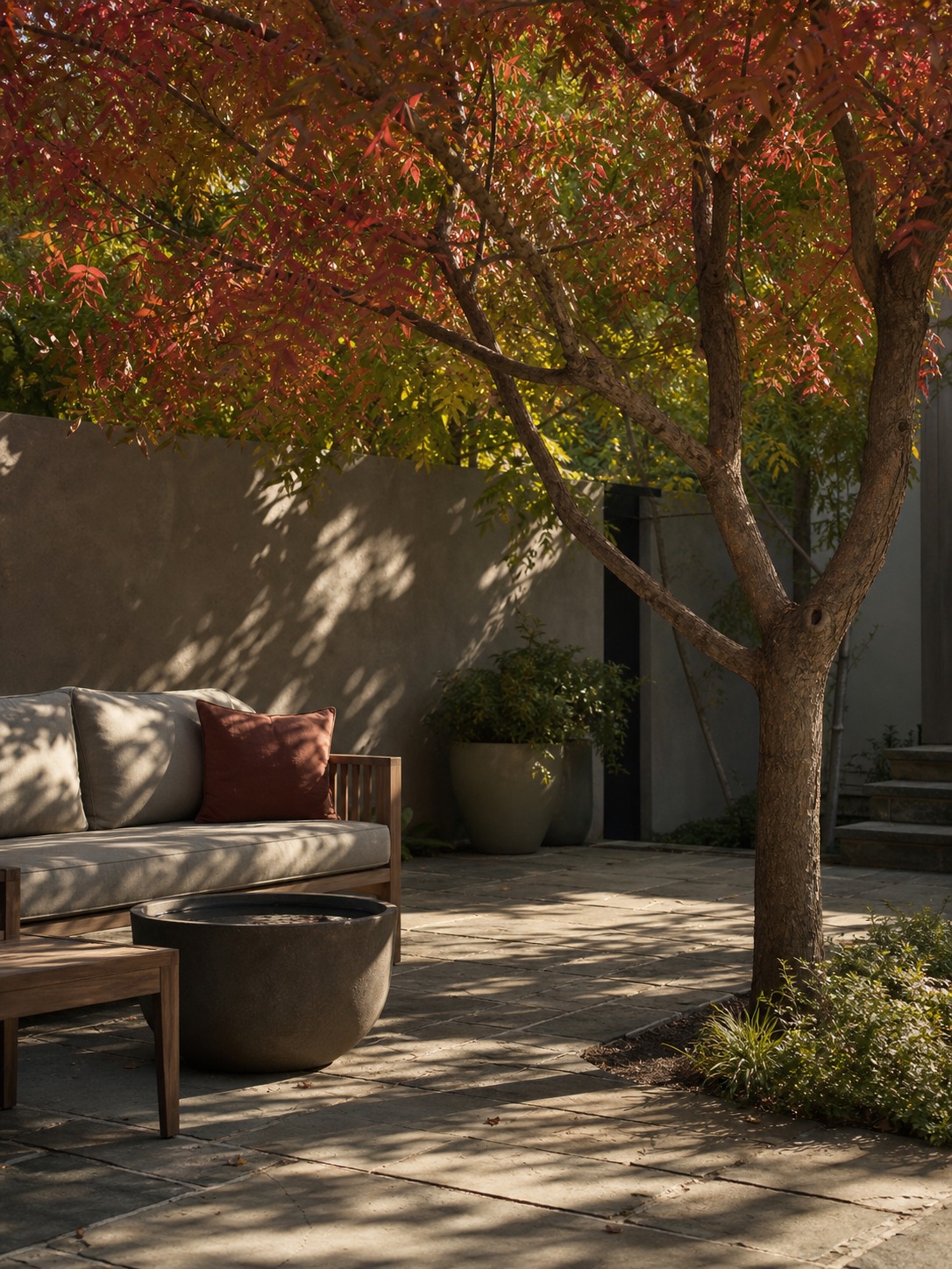 Chinese pistache tree shading a stone patio with dappled autumn light over outdoor furniture.