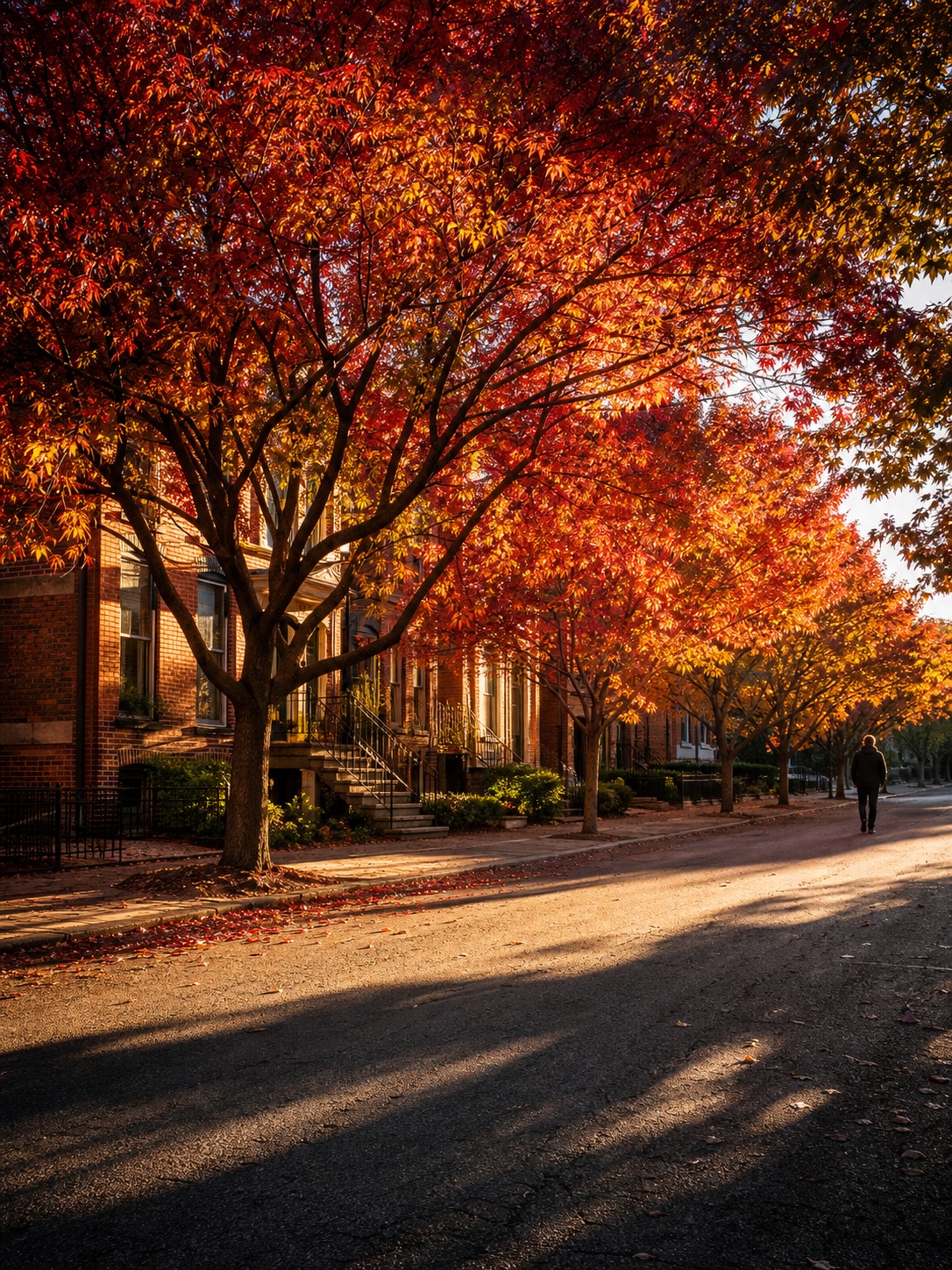 Row of Chinese pistache trees in fall color lining a residential street at golden hour.