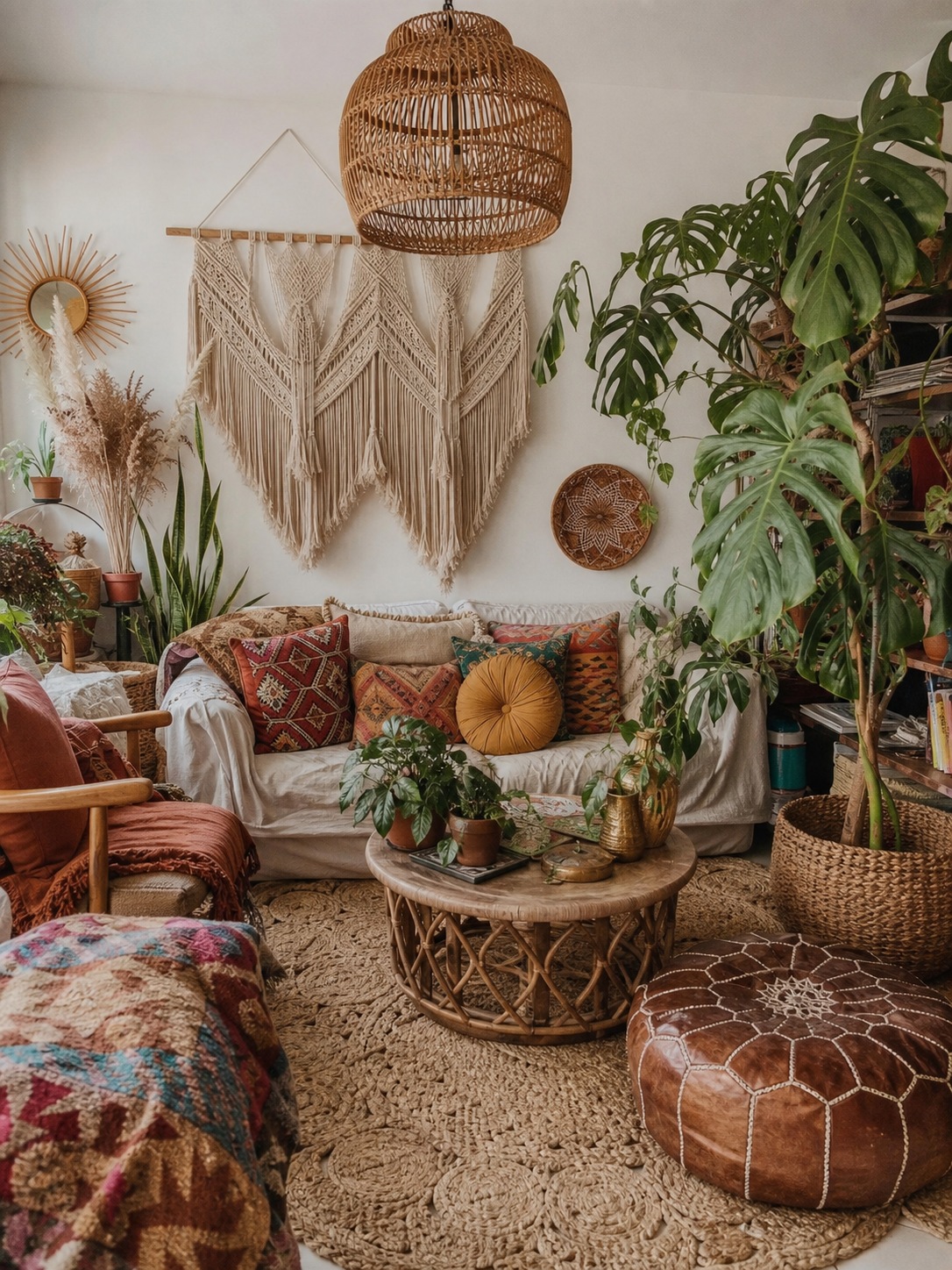 Cluttered formulaic boho living room A crowded bohemian living room with a rattan pendant, jute rug, macrame, monstera, and Moroccan pouf competing for attention. | Sky Rye Design A crowded bohemian living room with a rattan pendant, jute rug, macrame, monstera, and Moroccan pouf competing for attention.