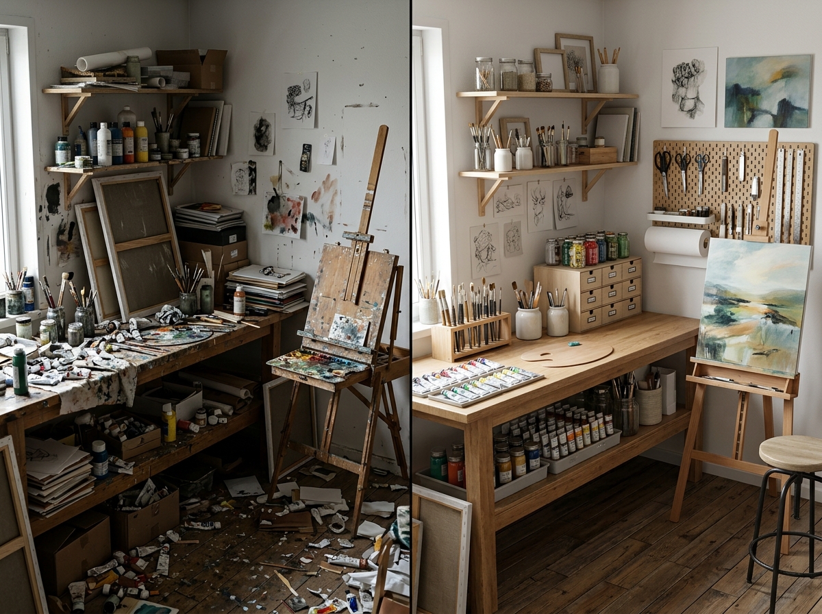 Cluttered vs Organized Art Studio Comparison A split-screen comparison showing a messy disorganized art studio on the left versus a neat, highly functional organized workspace on the right. | Sky Rye Design A split-screen comparison showing a messy disorganized art studio on the left versus a neat, highly functional organized workspace on the right.