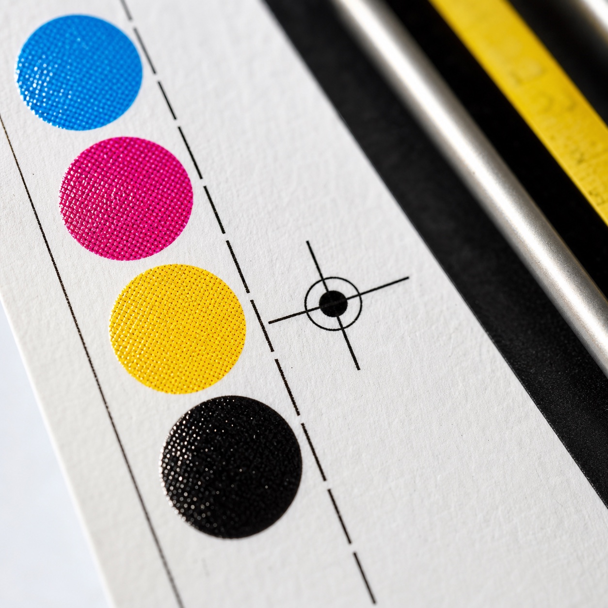 CMYK color bar macro Macro view of CMYK color bars and registration marks on a printed press sheet. | Sky Rye Design Macro view of CMYK color bars and registration marks on a printed press sheet.