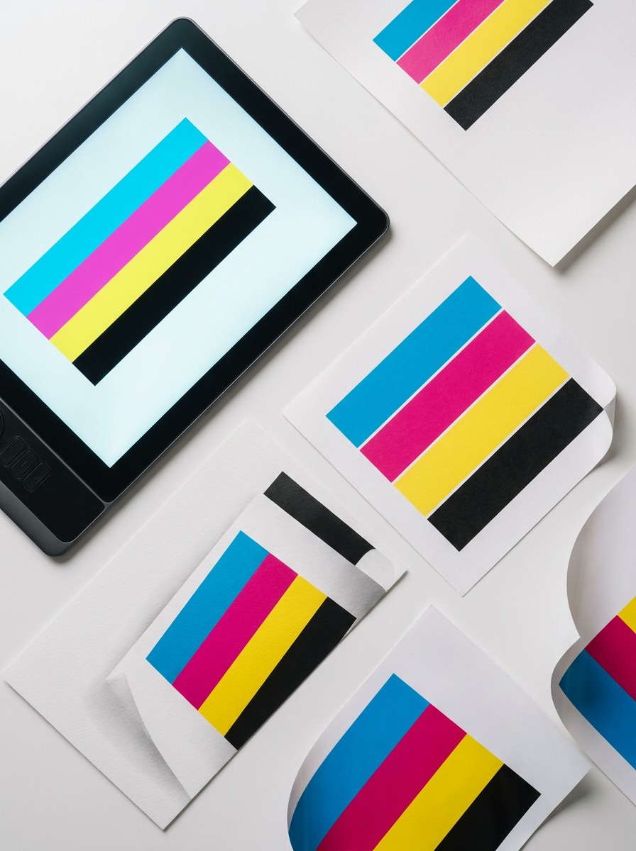 CMYK color calibration swatches Tablet and several cards featuring bright color calibration bars (cyan, magenta, yellow, black) used for printing tests. | Sky Rye Design CMYK color calibration swatches compared across printed paper stocks.