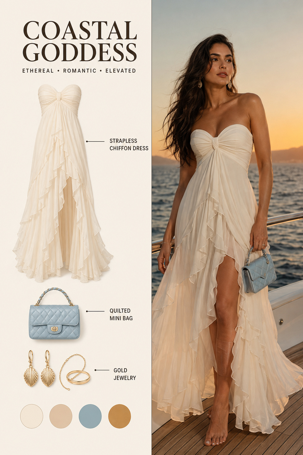 Coastal Goddess Outfit Infographic 01 Pinterest fashion infographic featuring an ivory strapless chiffon dress, pale blue quilted mini bag, and gold jewelry. | Sky Rye Design Pinterest fashion infographic featuring an ivory strapless chiffon dress, pale blue quilted mini bag, and gold jewelry.