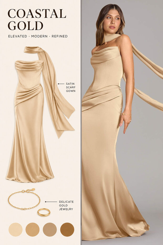 Coastal Gold Satin Scarf Gown Infographic 01 Pinterest fashion infographic featuring a champagne satin scarf gown with delicate gold jewelry. | Sky Rye Design Pinterest fashion infographic featuring a champagne satin scarf gown with delicate gold jewelry.