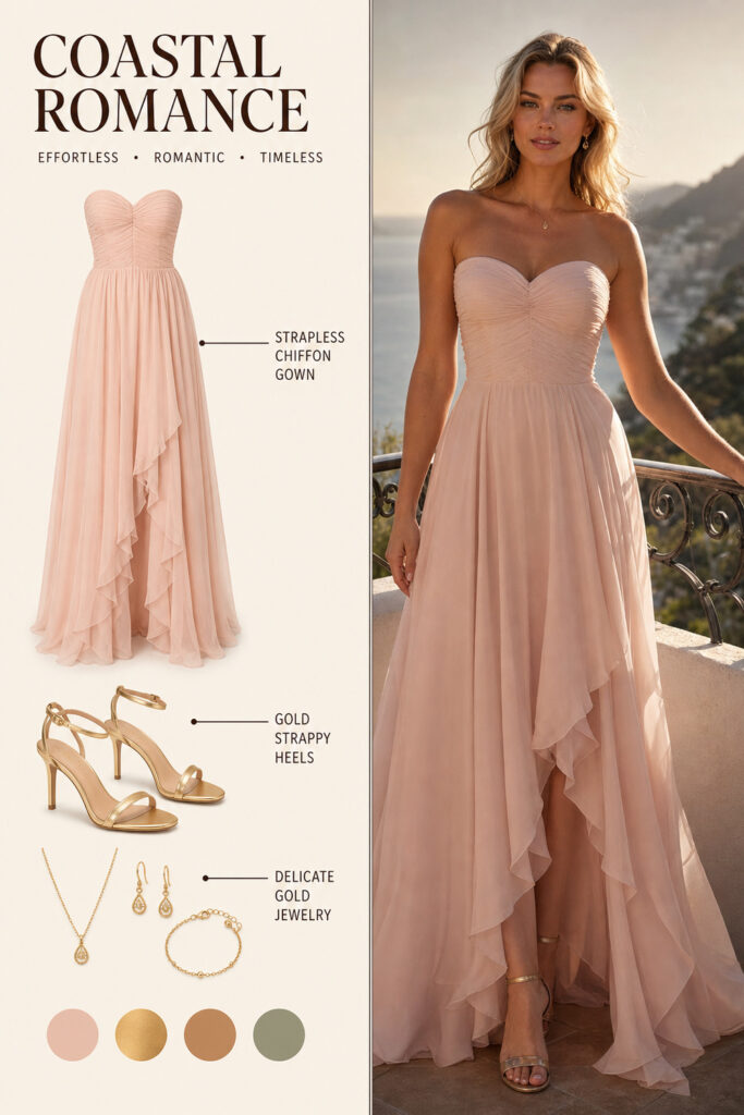 Coastal Romance Outfit Infographic 01 Pinterest fashion infographic featuring a blush strapless chiffon gown, gold strappy heels, and delicate gold jewelry. | Sky Rye Design Pinterest fashion infographic featuring a blush strapless chiffon gown, gold strappy heels, and delicate gold jewelry.