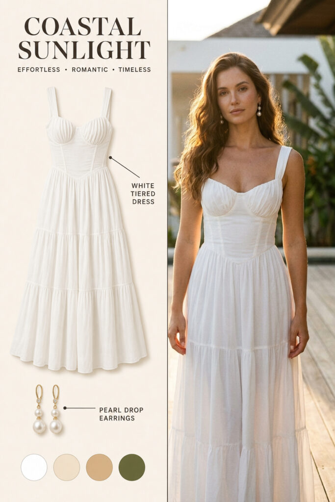 Coastal Sunlight White Tiered Dress Infographic 01 Pinterest fashion infographic featuring a white tiered maxi dress with pearl drop earrings. | Sky Rye Design Pinterest fashion infographic featuring a white tiered maxi dress with pearl drop earrings.