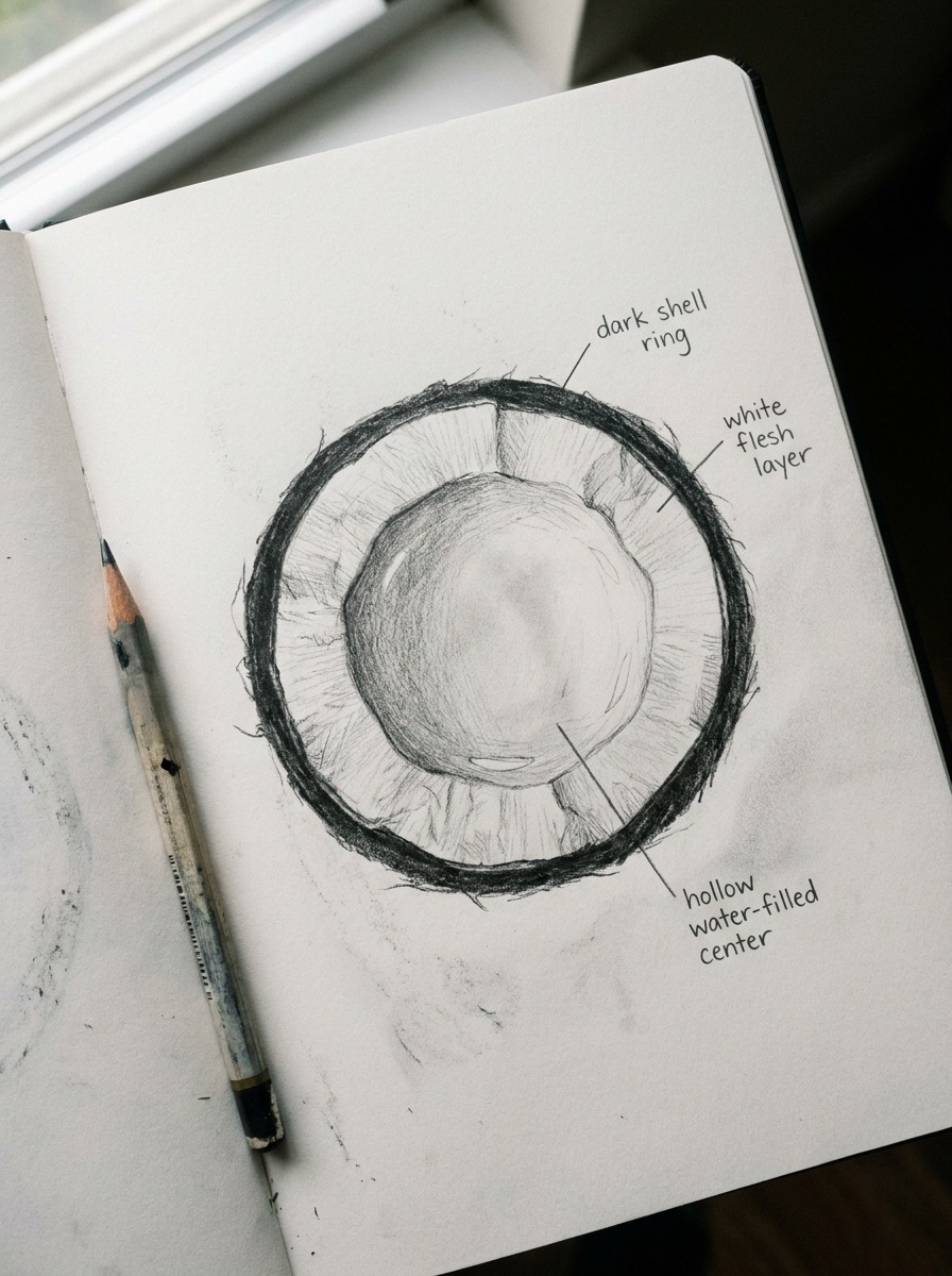 Labeled coconut cross-section drawing Finished pencil drawing of a coconut cross-section with labeled shell, flesh, and water layers | Sky Rye Design Finished pencil drawing of a coconut cross-section with labeled shell, flesh, and water layers