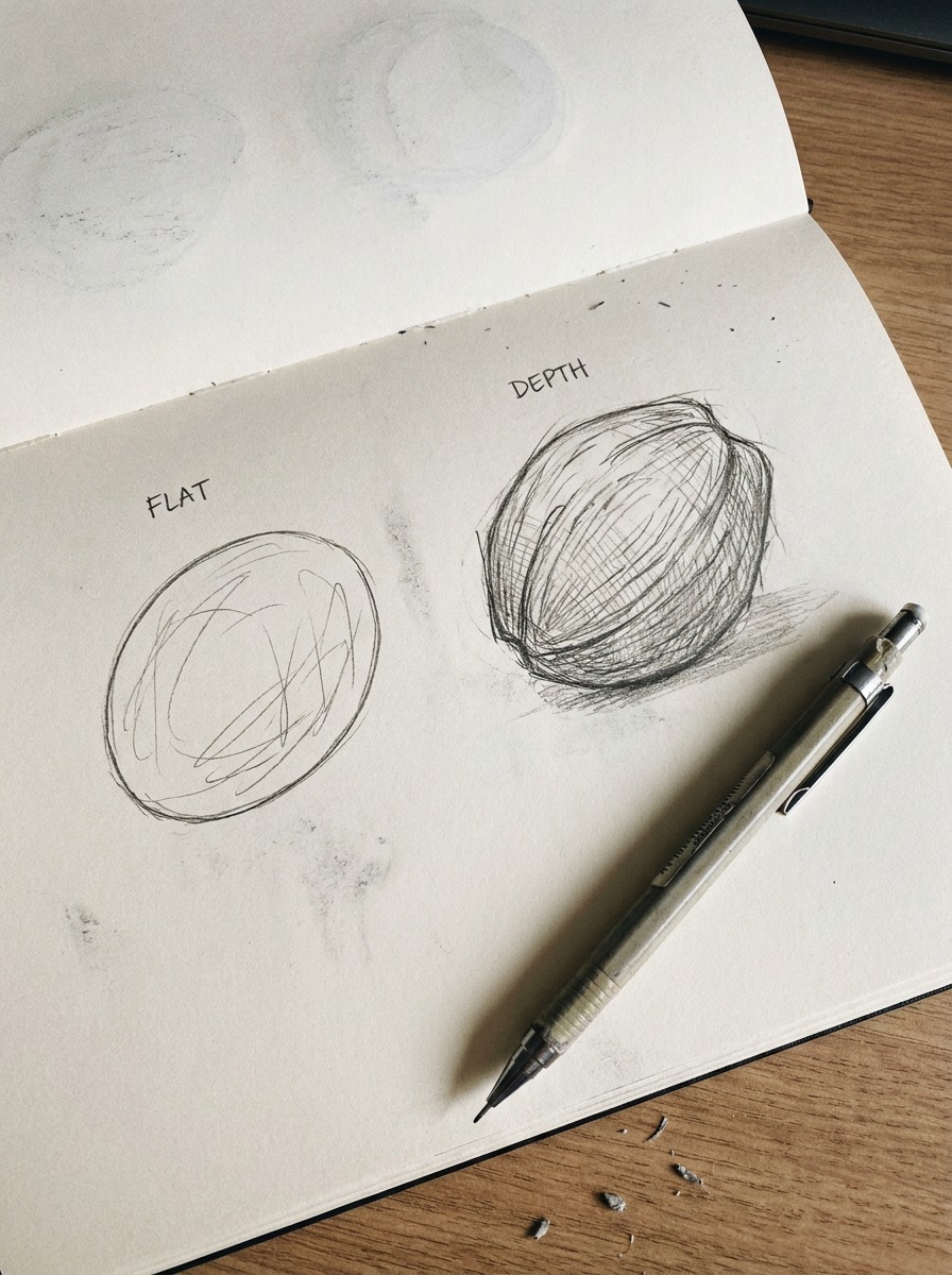 Flat oval coconut sketch versus textured coconut sketch Side-by-side sketchbook comparison of a flat scribbled coconut sketch and a properly textured coconut sketch | Sky Rye Design Side-by-side sketchbook comparison of a flat scribbled coconut sketch and a properly textured coconut sketch