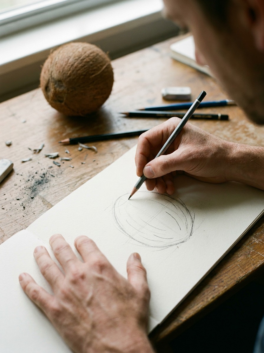 Sketching a coconut husk texture in a sketchbook Hands sketching a coconut on a sketchbook page with a real coconut on the desk beside it | Sky Rye Design Hands sketching a coconut on a sketchbook page with a real coconut on the desk beside it