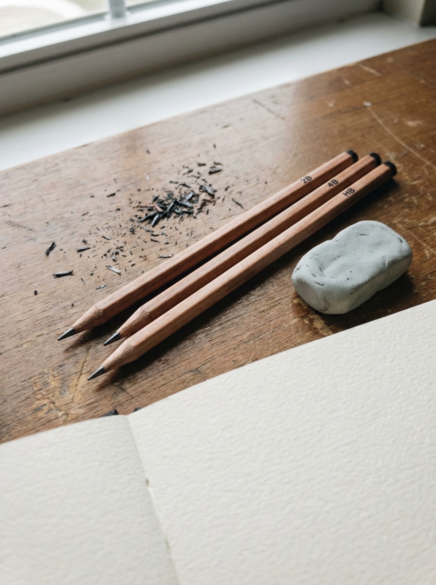 Pencils and materials for coconut texture drawing Flat lay of 2B, 4B, and HB pencils, a kneaded eraser, and an open sketchbook on a wooden desk | Sky Rye Design Flat lay of 2B, 4B, and HB pencils, a kneaded eraser, and an open sketchbook on a wooden desk