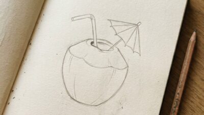 Simplified pencil sketch of a husked coconut drink with a straw and small umbrella