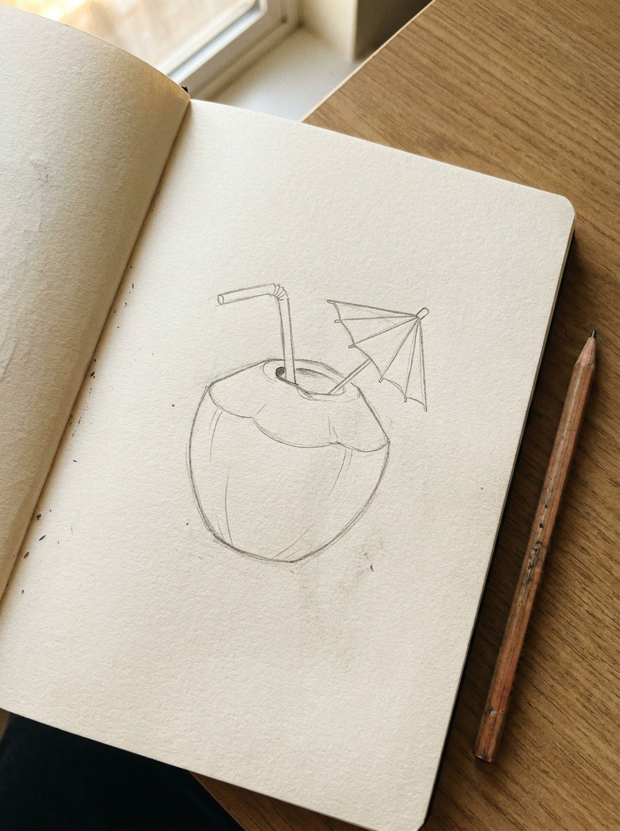 Simple coconut drink illustration with straw Simplified pencil sketch of a husked coconut drink with a straw and small umbrella | Sky Rye Design Simplified pencil sketch of a husked coconut drink with a straw and small umbrella