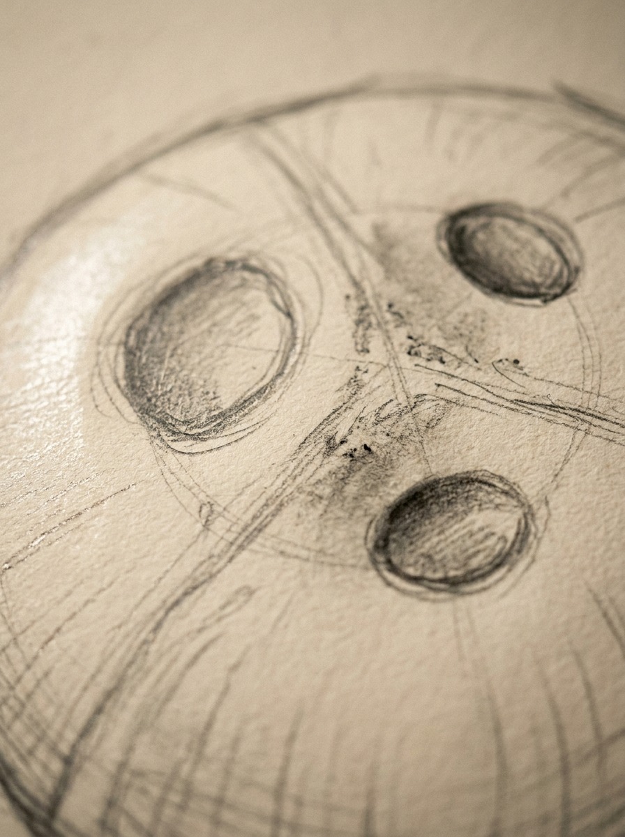 Close-up of coconut eyes in pencil sketch Extreme close-up pencil sketch of the three eyes at the base of a coconut | Sky Rye Design Extreme close-up pencil sketch of the three eyes at the base of a coconut