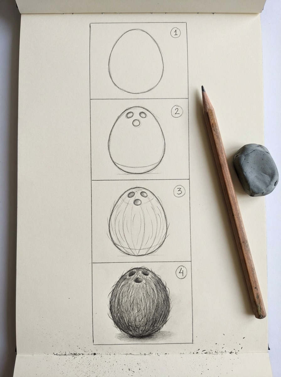 Four-step coconut drawing construction sequence A sketchbook page divided into four panels showing the coconut construction sequence from basic form to finished texture | Sky Rye Design A sketchbook page divided into four panels showing the coconut construction sequence from basic form to finished texture