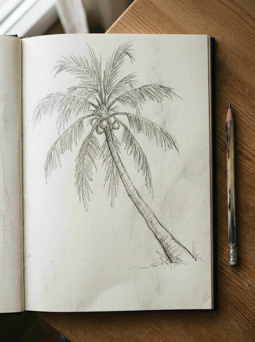 Quick coconut palm tree background sketch Loose pencil sketch of a coconut palm tree with a leaning trunk and drooping fronds | Sky Rye Design Loose pencil sketch of a coconut palm tree with a leaning trunk and drooping fronds