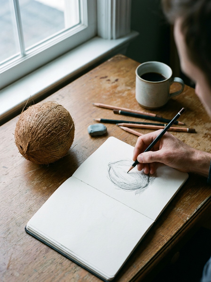 Coconut reference setup for drawing practice A real husked coconut next to an open sketchbook mid-drawing on a wooden desk | Sky Rye Design A real husked coconut next to an open sketchbook mid-drawing on a wooden desk