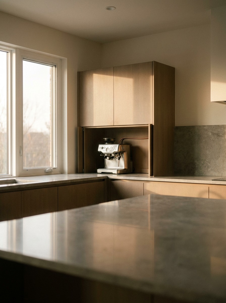Open coffee station appliance garage near a window with a coffee maker inside