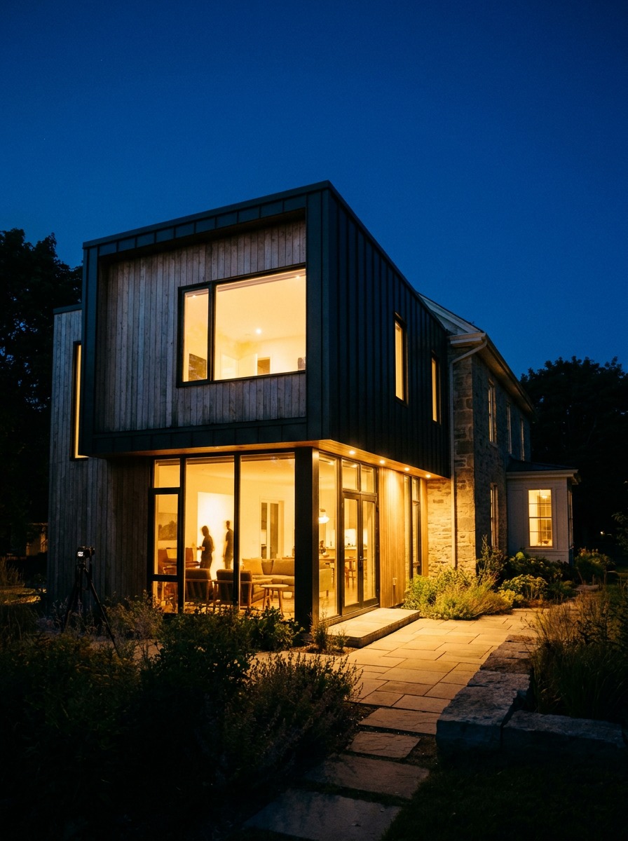 Cohesive home addition night exterior with warm interior light Night exterior of a completed home addition with warm interior light across the original and new volumes. | Sky Rye Design Night exterior of a completed home addition with warm interior light across the original and new volumes.