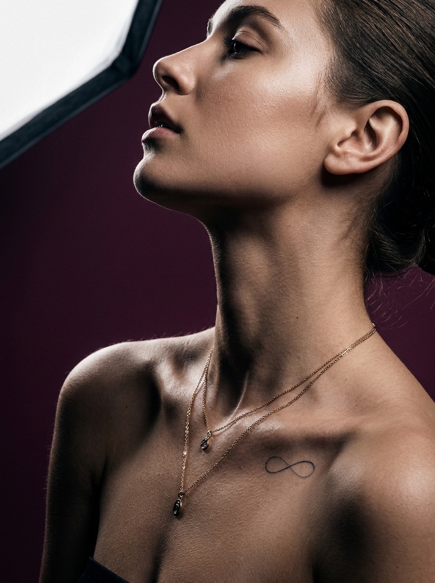 A small fine-line infinity tattoo beside a layered necklace on the collarbone