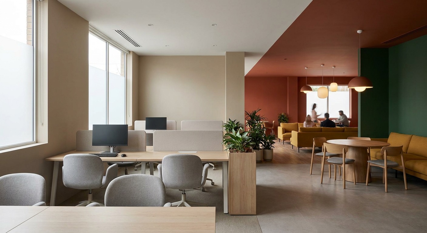 Color Zoning in an Open-Plan Office Open-plan office showing a color shift between a calm neutral work zone and a bolder-toned collaborative area | Sky Rye Design Open-plan office showing a color shift between a calm neutral work zone and a bolder-toned collaborative area