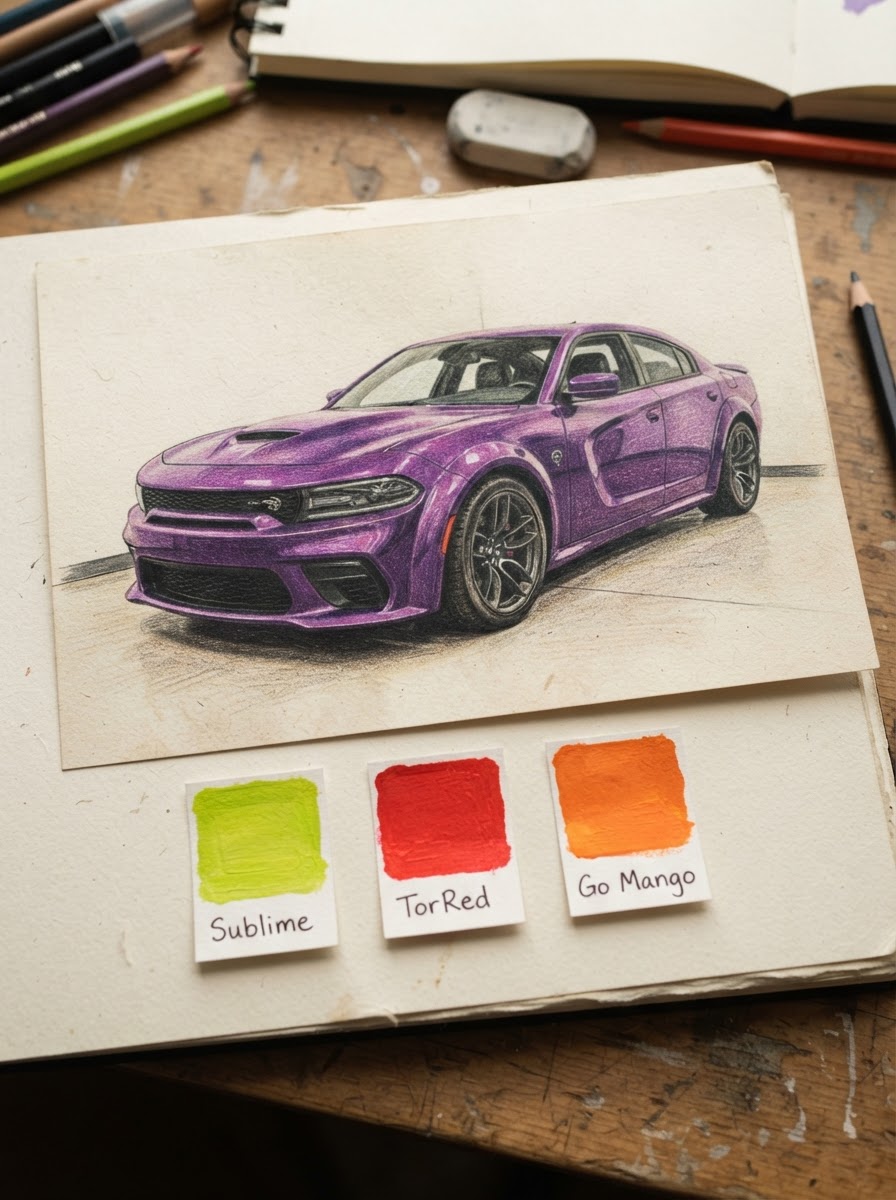 Colored Pencil Drawing of Purple Dodge Charger A completed colored pencil drawing of a Dodge Charger in dark Hellraisin purple resting next to paint swatch chips. | Sky Rye Design A completed colored pencil drawing of a Dodge Charger in dark Hellraisin purple resting next to paint swatch chips.