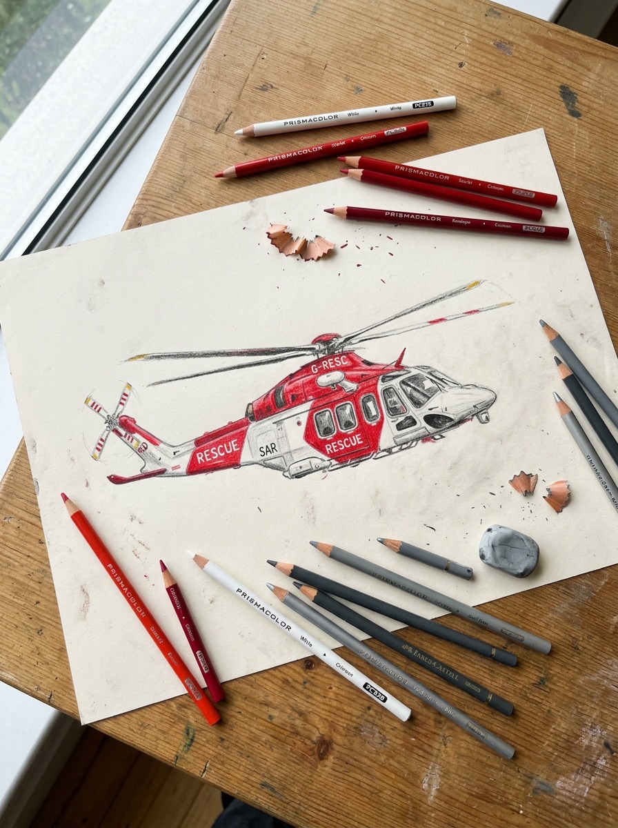 Colored pencil rescue helicopter drawing in red and white livery with pencils around the page.