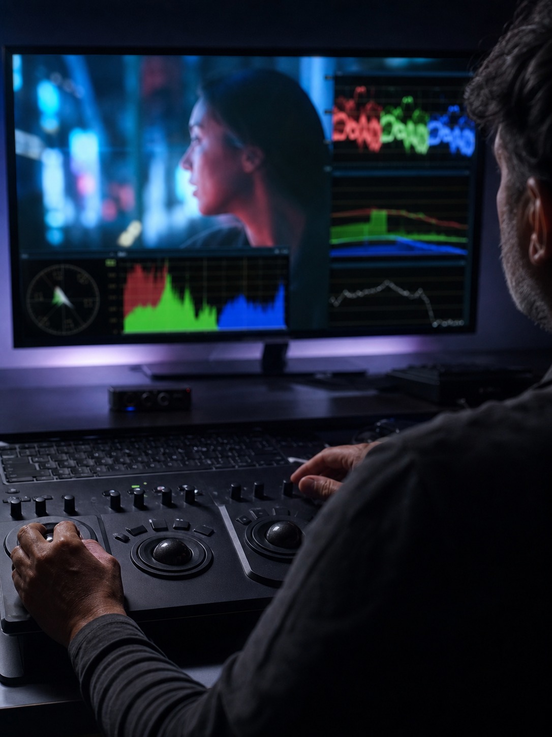 Colorist grading suite for brand video Colorist works at a grading panel with waveform scopes on a large monitor. | Sky Rye Design Colorist works at a grading panel with waveform scopes on a large monitor.