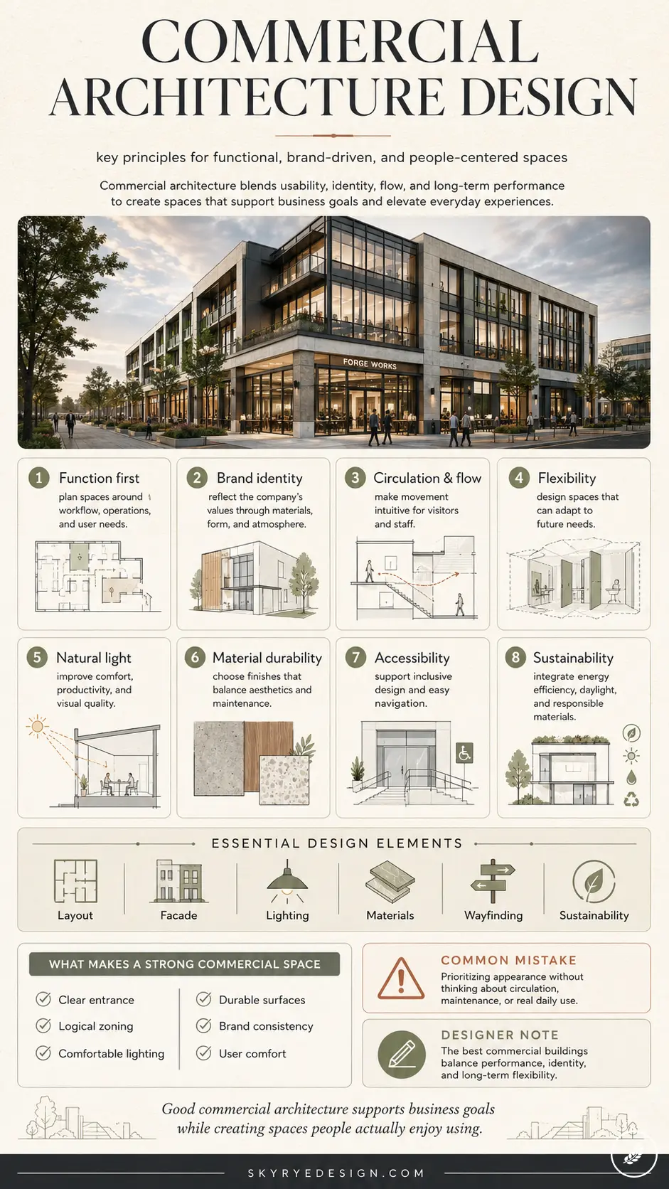 commercial architecture-1 Infographic: Commercial architecture design principles—function, brand identity, circulation, flexibility, light, materials | Sky Rye Design Infographic: Commercial architecture design principles—function, brand identity, circulation, flexibility, light, materials