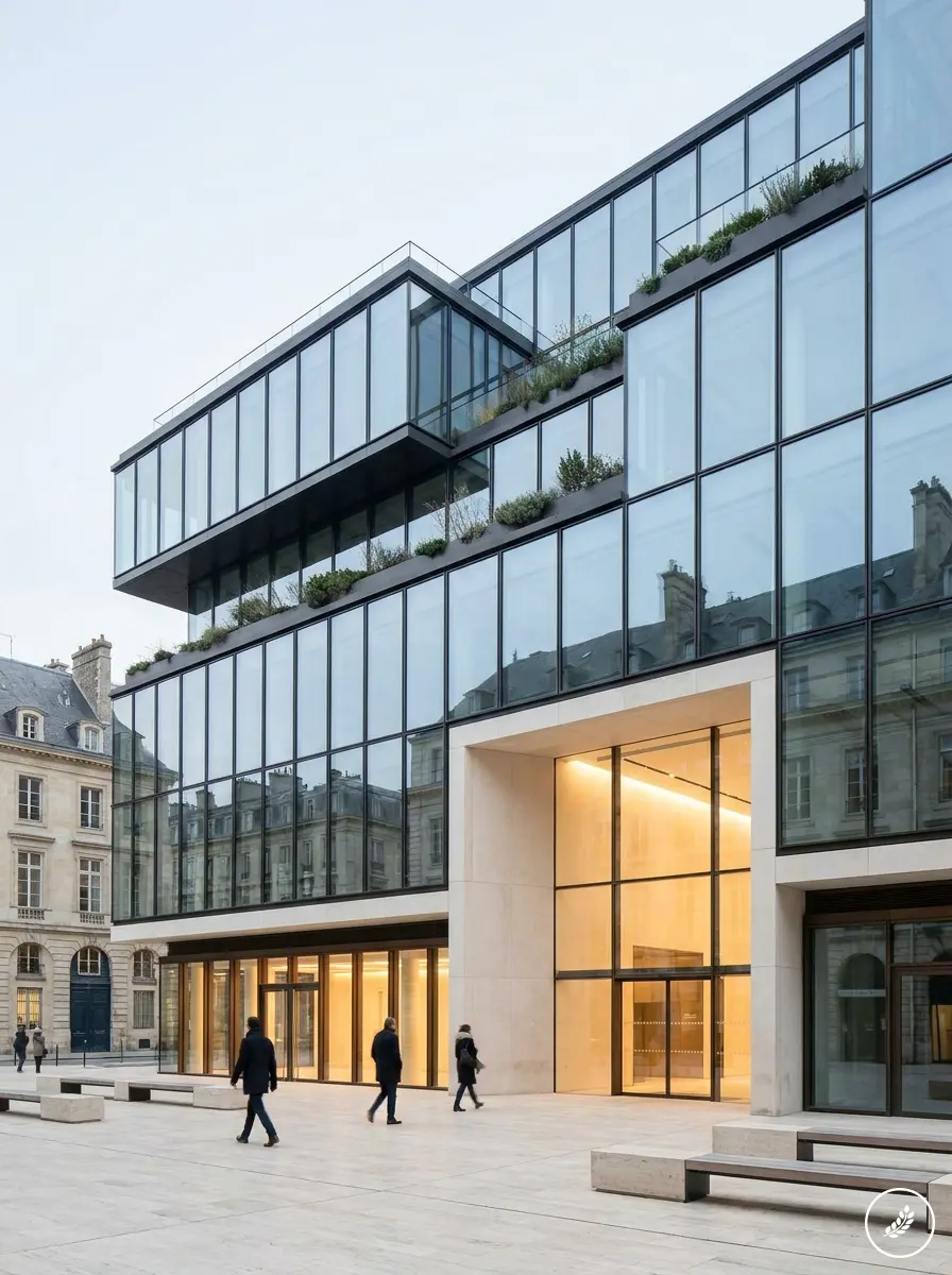 Modern_commercial_building_facade_202607222339 Contemporary glass office building with terraced planters, large lit lobby entrance and pedestrians in urban plaza | Sky Rye Design Contemporary glass office building with terraced planters, large lit lobby entrance and pedestrians in urban plaza