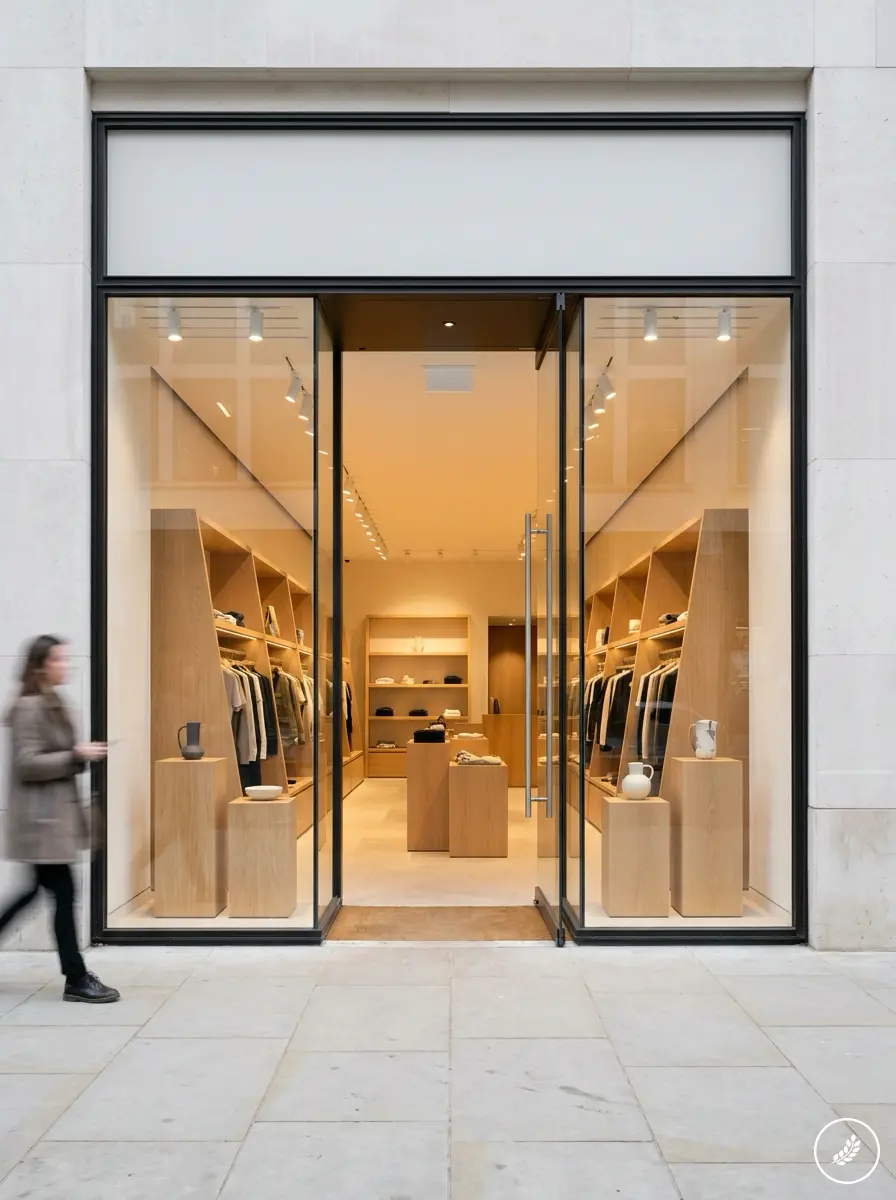 Modern_retail_storefront_design_202607222349 Minimalist boutique storefront with glass doors, warm-lit interior and wooden display shelves showcasing clothing and ceramics | Sky Rye Design Minimalist boutique storefront with glass doors, warm-lit interior and wooden display shelves showcasing clothing and ceramics