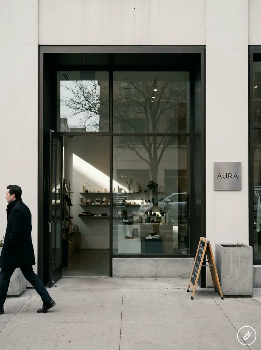 Retail_storefront_with_recessed__202607220203 Modern minimalist AURA boutique storefront with large glass window, sidewalk sandwich board, pedestrian | Sky Rye Design Modern minimalist AURA boutique storefront with large glass window, sidewalk sandwich board, pedestrian
