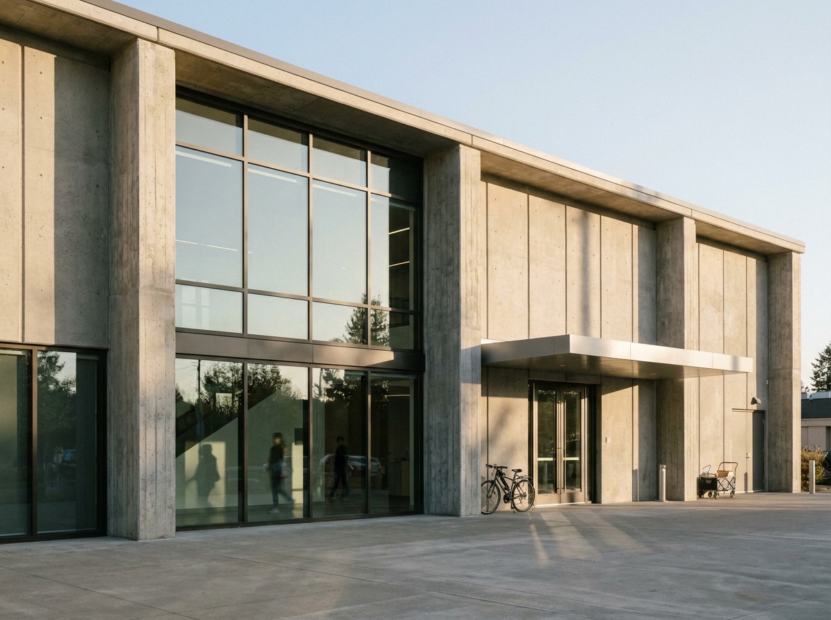 Hero — commercial building facade Ultra-modern commercial facade with proportional glazing bays and precast concrete piers. | Sky Rye Design Ultra-modern commercial facade with proportional glazing bays and precast concrete piers.