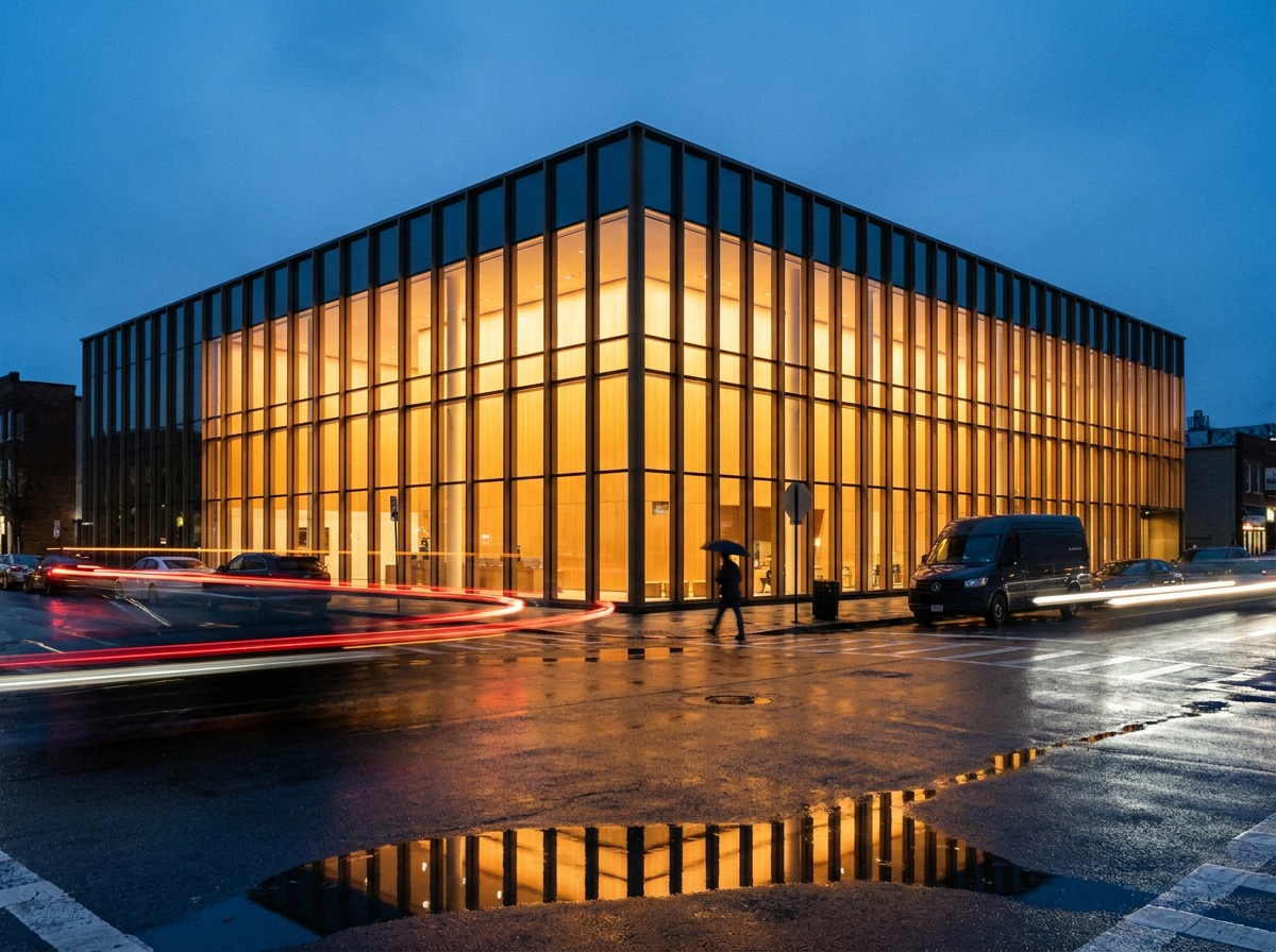 Night facade: glazing glow and urban context Modern commercial building facade at dusk with warm interior light glowing through glazing. | Sky Rye Design Modern commercial building facade at dusk with warm interior light glowing through glazing.
