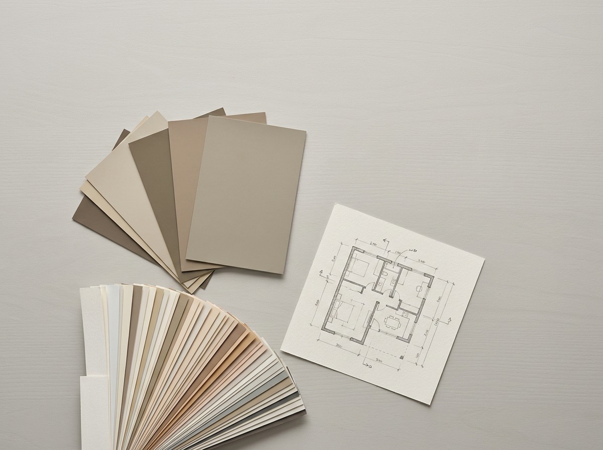 Flat Lay of Commercial Color Palette Samples Overhead flat lay of paint swatches, a color fan deck and a small architectural floor plan on a desk | Sky Rye Design Overhead flat lay of paint swatches, a color fan deck and a small architectural floor plan on a desk