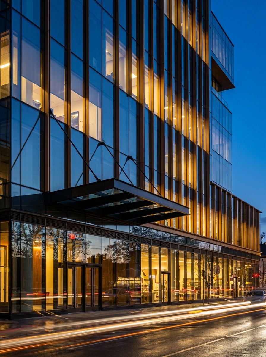 Completed Commercial Development Exterior Facade Blue hour architectural photograph of a commercial development exterior featuring a glass curtain wall and bronze mullions. | Sky Rye Design Blue hour architectural photograph of a commercial development exterior featuring a glass curtain wall and bronze mullions.